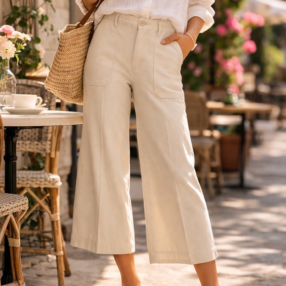 NYDJ Pants - NYDJ Cream Wide-Leg Crop Pants | Stretch Linen | Lift Tuck® | Flattering Fit